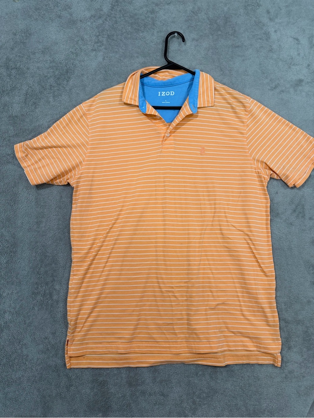 IZOD Men’s Large Orange White Striped Polo Shirt Blue Collar Short Sleeve